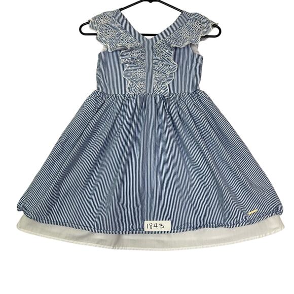 Tahari Dress Girls 6X Blue and White Pinstripe Ruffle Eyelet Embroidered - Picture 3 of 11